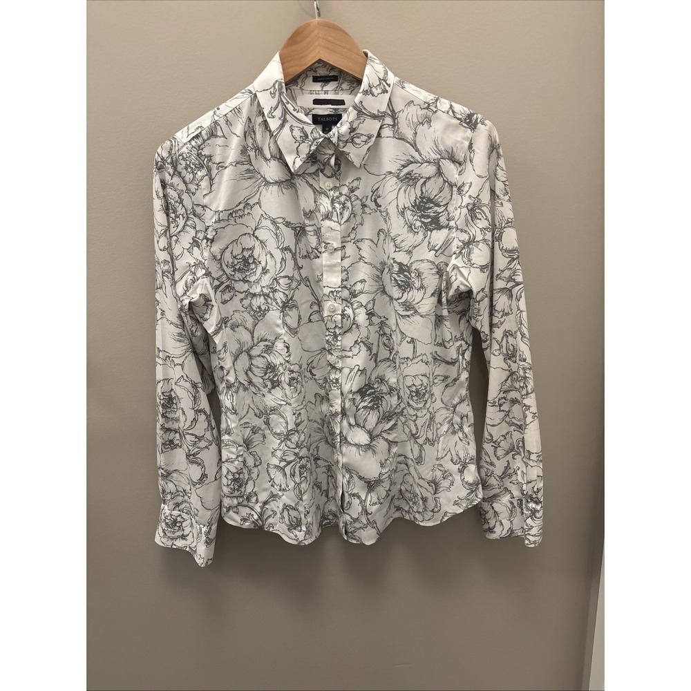 Talbots Womens Non-Iron Stretch Long Sleeve Button Down Shirt Size 10 White Gray